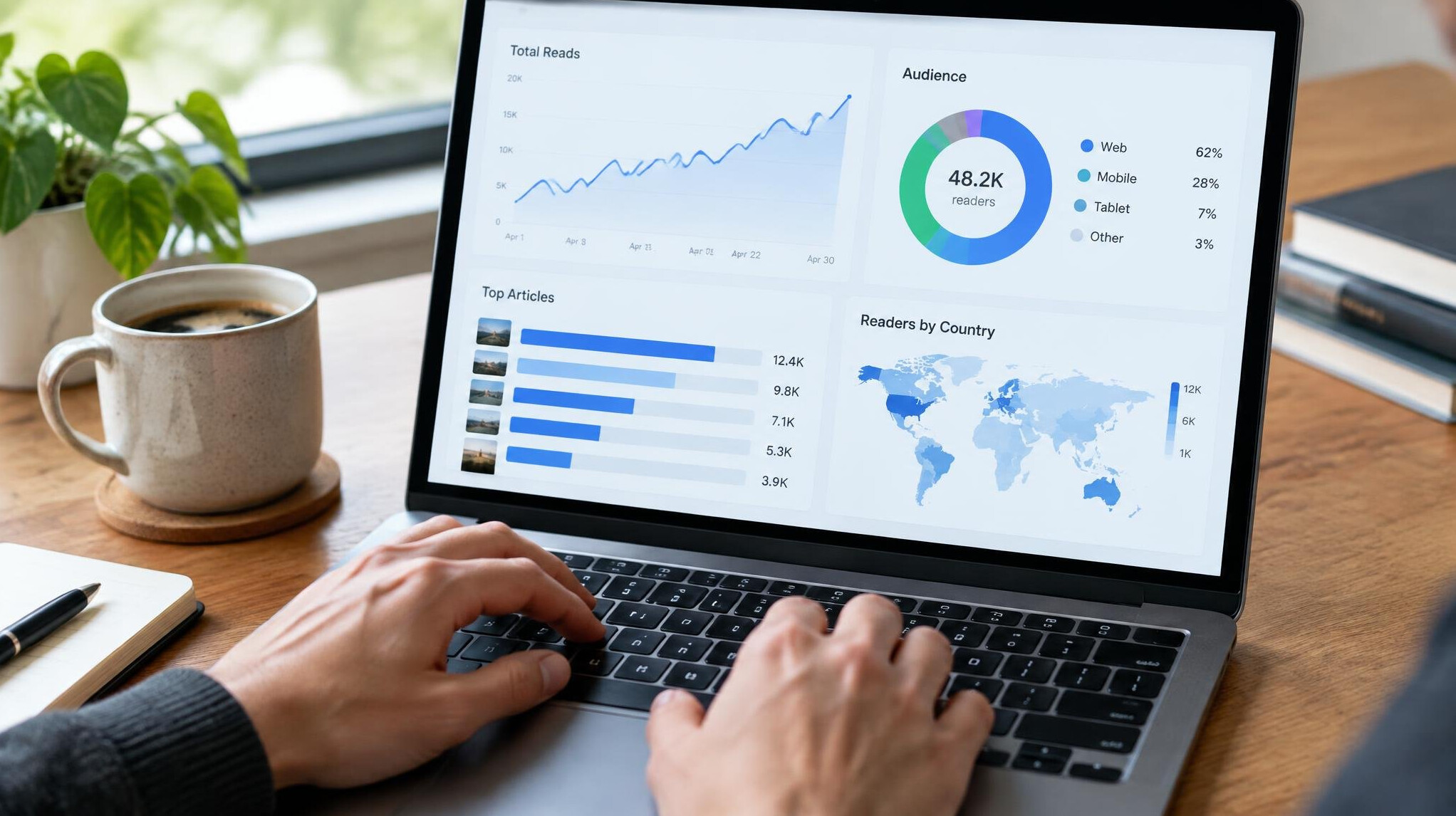 Close-up of hands typing on a laptop with data charts on screen