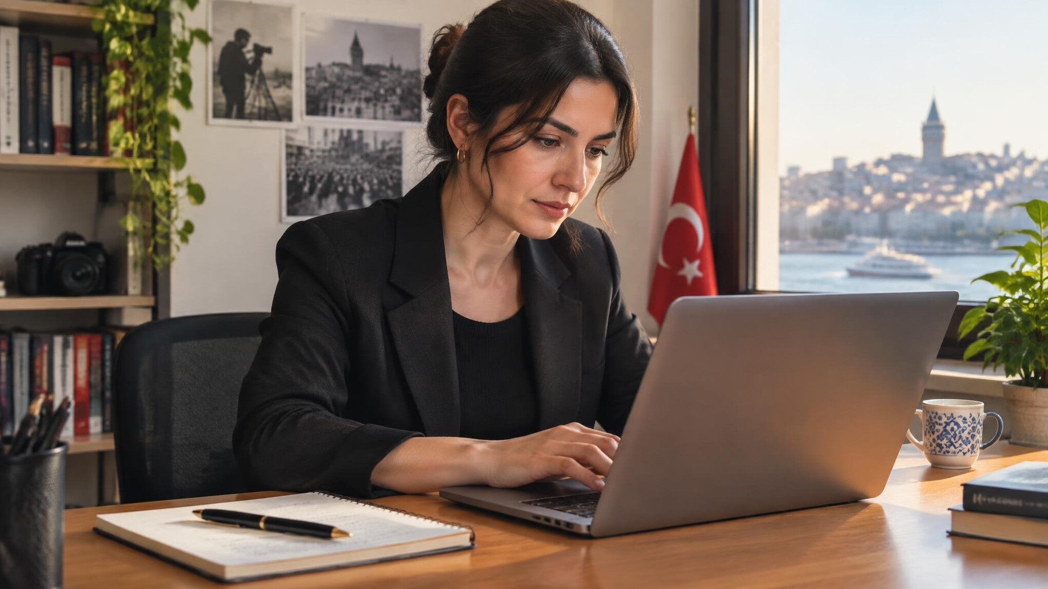 Writer typing an article on a laptop at a desk