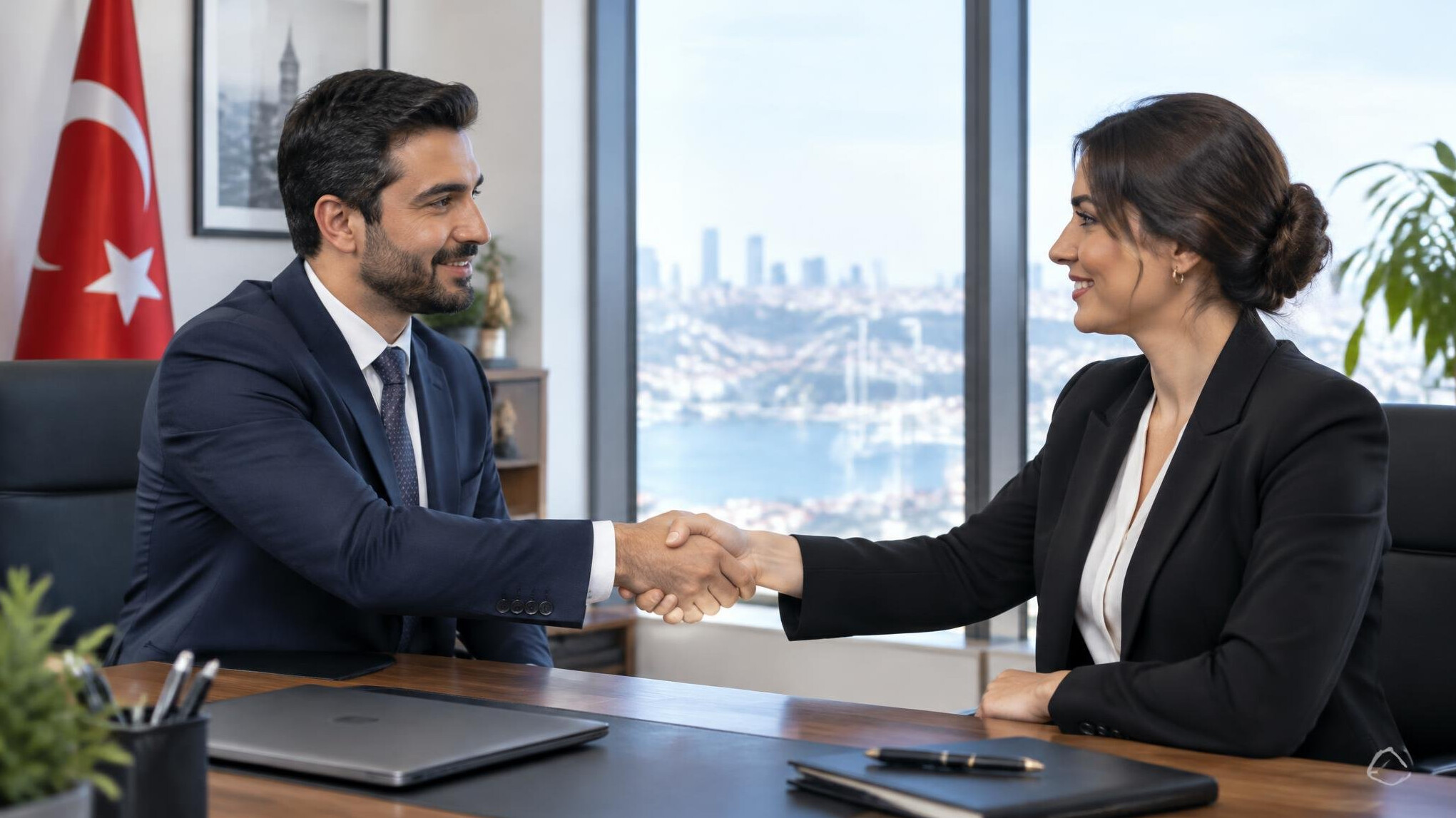 Two business people shaking hands over a desk