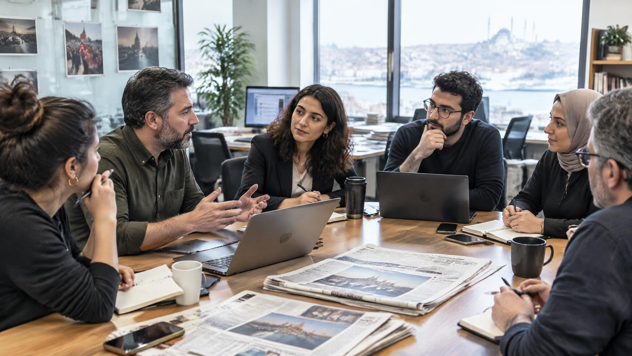Diverse editorial team in a discussion around a table