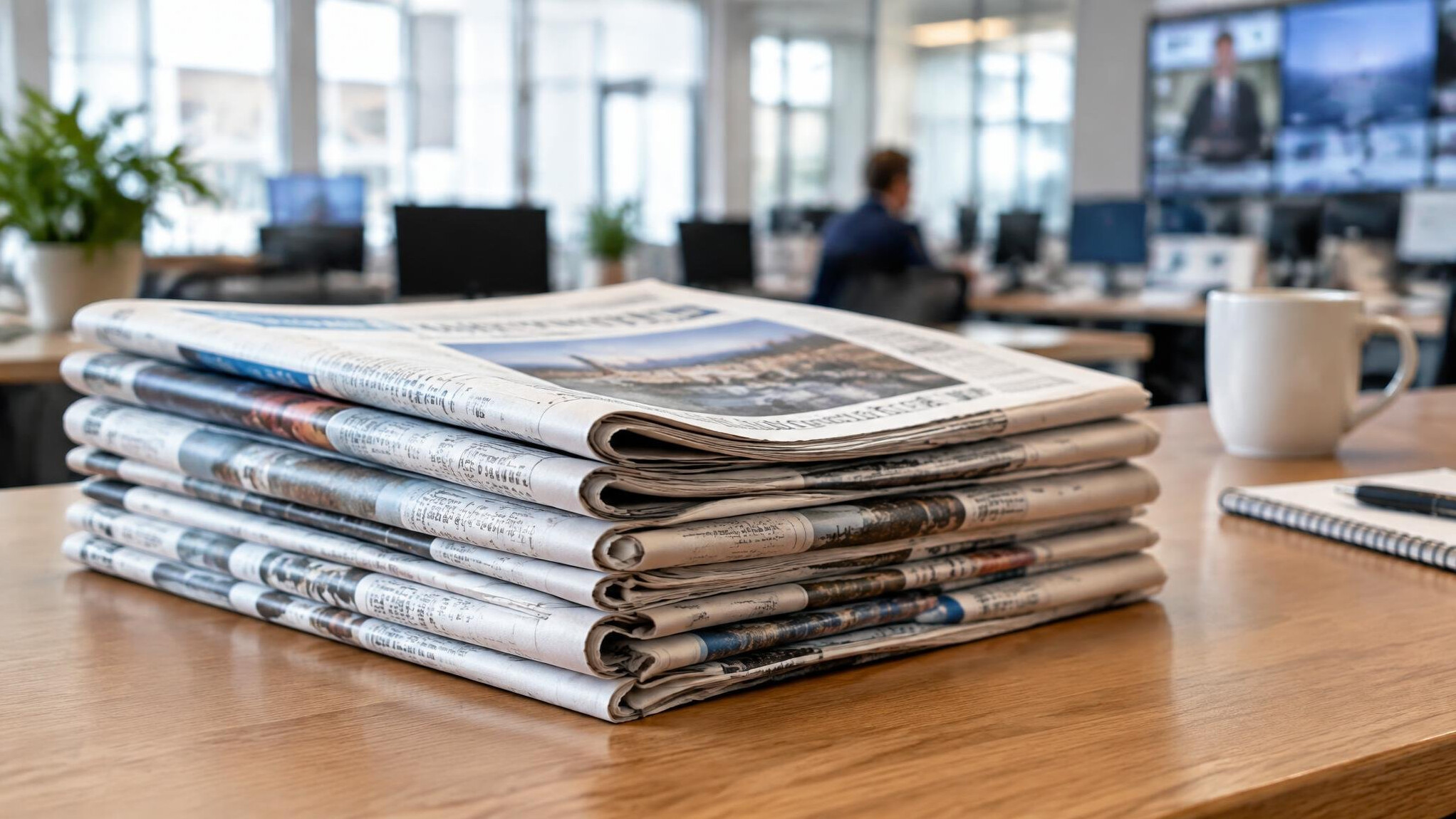 Stack of folded newspapers on a wooden table